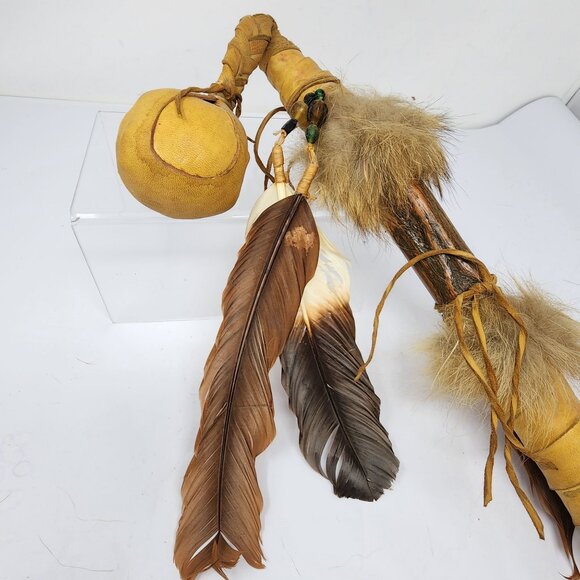 Native American Handmade 17" Bola Leather and Feather Accents AS IS Condition - Picture 10 of 12